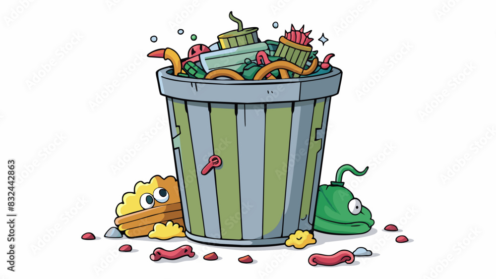 Poster A pile of rotting garbage overflowing from a trash can with wriggling in and out of the mess.. Cartoon Vector.