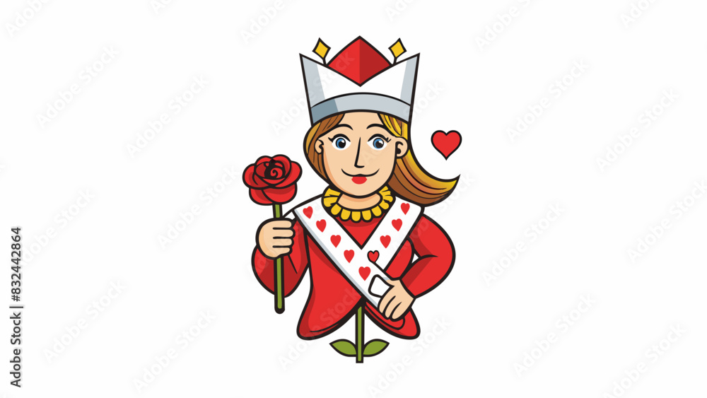 Poster a playing card depicting a queen with flowing hair and a serene expression holding a scepter in one 