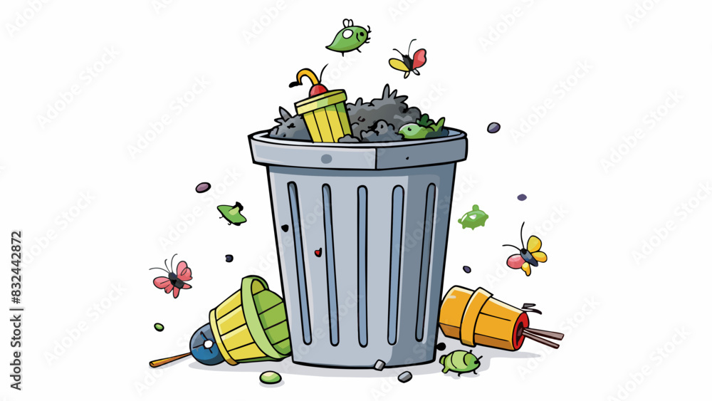 Poster A pile of trash overflowing from a garbage can emitting a pungent odor and attracting flies and other pests.. Cartoon Vector.