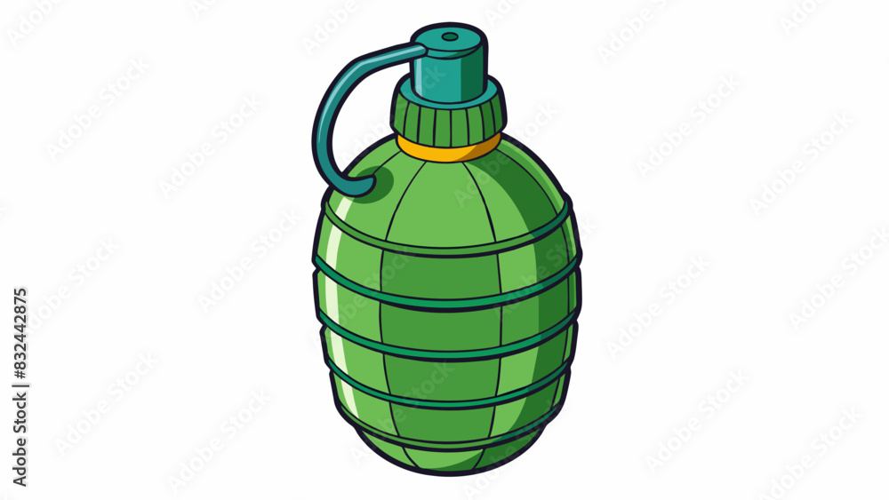 Poster A plastic bottle with a vibrant green color resembling the shape of a grenade. It has a screwon cap at the top and a textured grip around the middle.. Cartoon Vector.