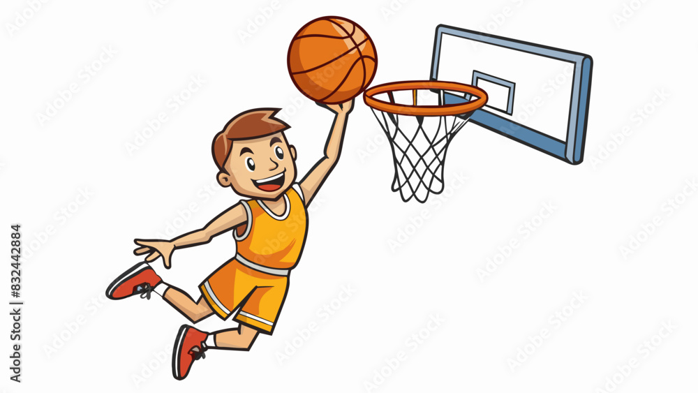 Poster a player jumps in the air and shoots the ball towards the hoop their arm extended and fingers spread