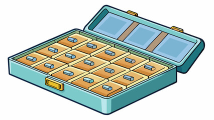 A pillbox organizer with multiple compartments and a locking mechanism. Ideal for helping individuals with memory issues to keep track of their daily. Cartoon Vector.