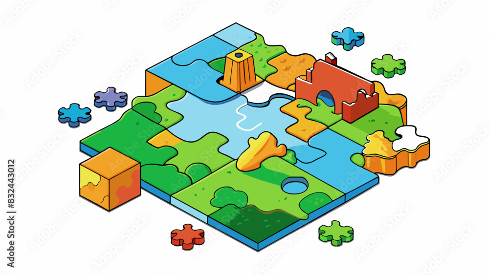 Poster A puzzle with missing pieces showing how everyones unique talents and skills contribute to completing the bigger picture. The puzzle is a vibrant. Cartoon Vector.