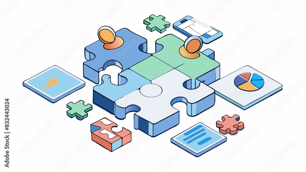 Poster A puzzle with various pieces tered on a table representing the different aspects and components of a grant proposal. As each piece fits together the. Cartoon Vector.