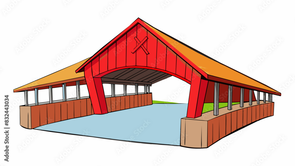 Poster A quaint covered bridge built from weathered red planks and topped with a pointed wooden roof spanning a narrow river and connecting two small towns.. Cartoon Vector.