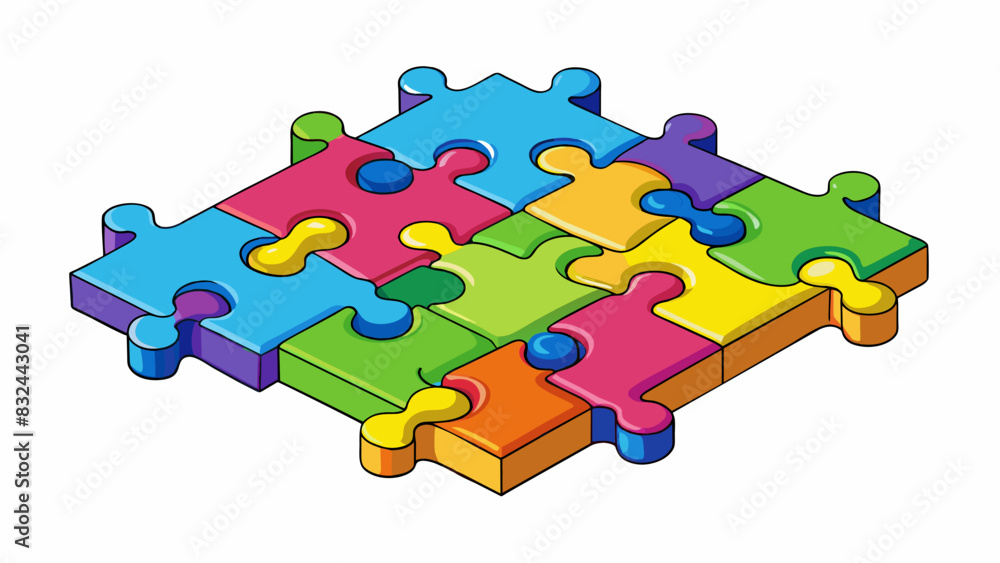 Poster A puzzle with tered pieces their colorful and intricate designs tempting you to get lost in the challenge of putting them together and revealing the. Cartoon Vector.