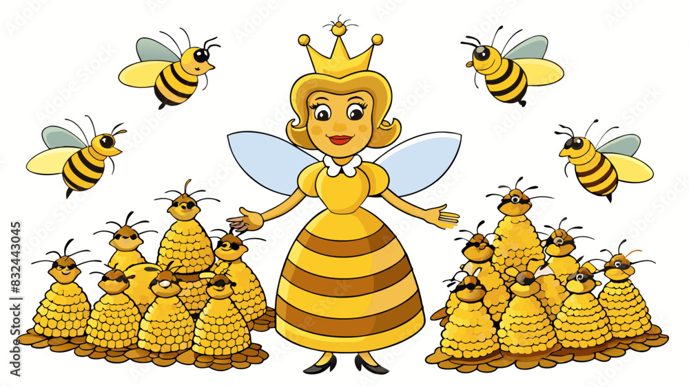 Poster a queen bee surrounded by a bustling hive of devoted worker bees. her stripes and larger size distin