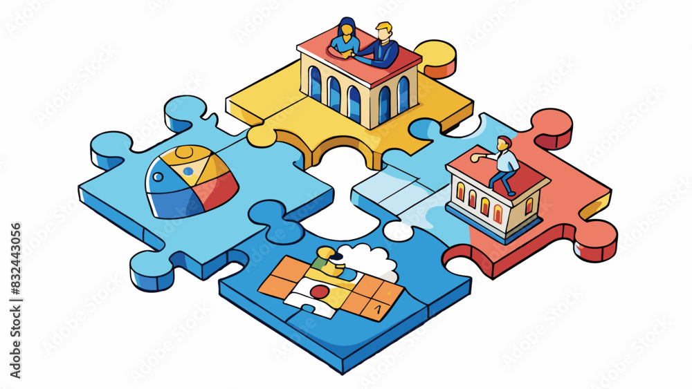 Poster A puzzle with various intersecting pieces representing different sectors of society all working together to form a cohesive picture. However some. Cartoon Vector.