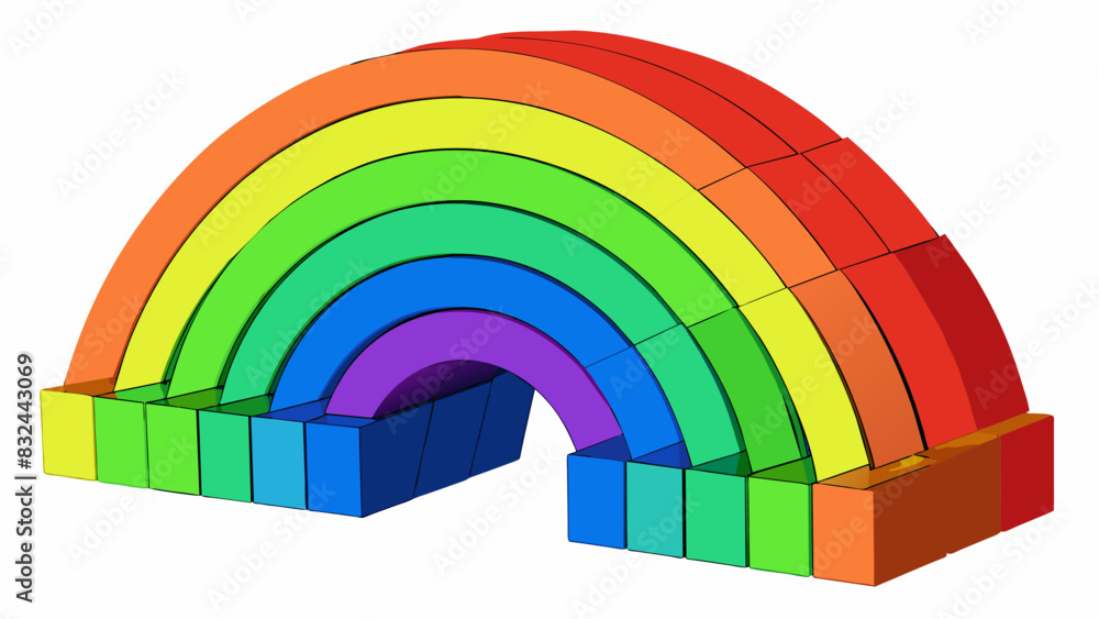 Poster A rainbow made up of seven different colored blocks arranged in a consistent pattern of red orange yellow green blue indigo and violet. The blocks are. Cartoon Vector.