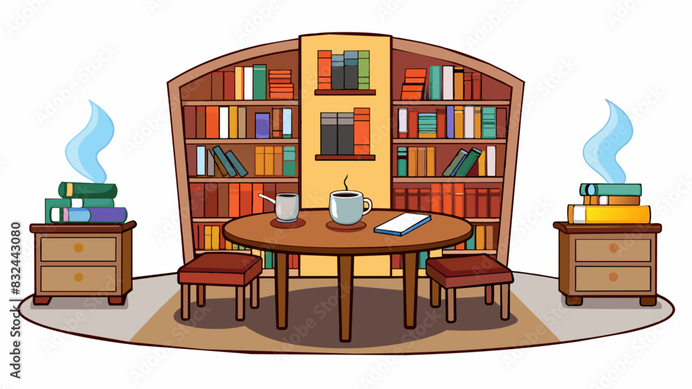 Aufkleber a quiet library with rows of bookshelves towering towards the ceiling. the old wooden tables and cha
