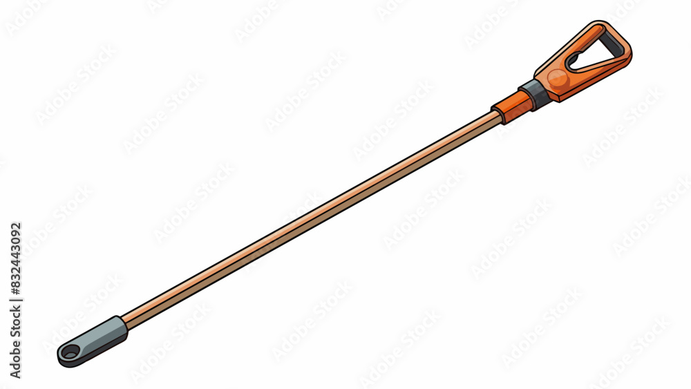 Poster A reacher grabber tool with a slim design and rubber grip to pick up objects from the ground or high shelves without bending or stretching. A helpful. Cartoon Vector.