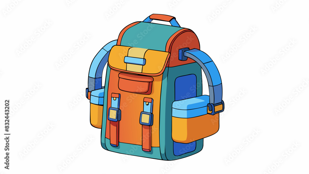 Poster A redesigned backpack with multiple compartments and adjustable ss for better organization and comfort while carrying. The material is also waterproof. Cartoon Vector.