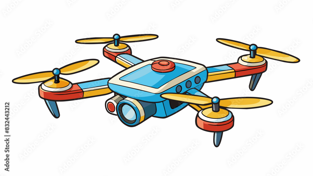 Poster A remotecontrolled drone zooming through the air its propellers spinning rapidly to keep it in flight. The drone is equipped with a camera allowing. Cartoon Vector.
