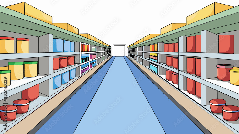 Poster A regular grocery store aisle with rows of neatly stacked cans and boxes on both sides. The ends of the aisle have larger items like paper and. Cartoon Vector.