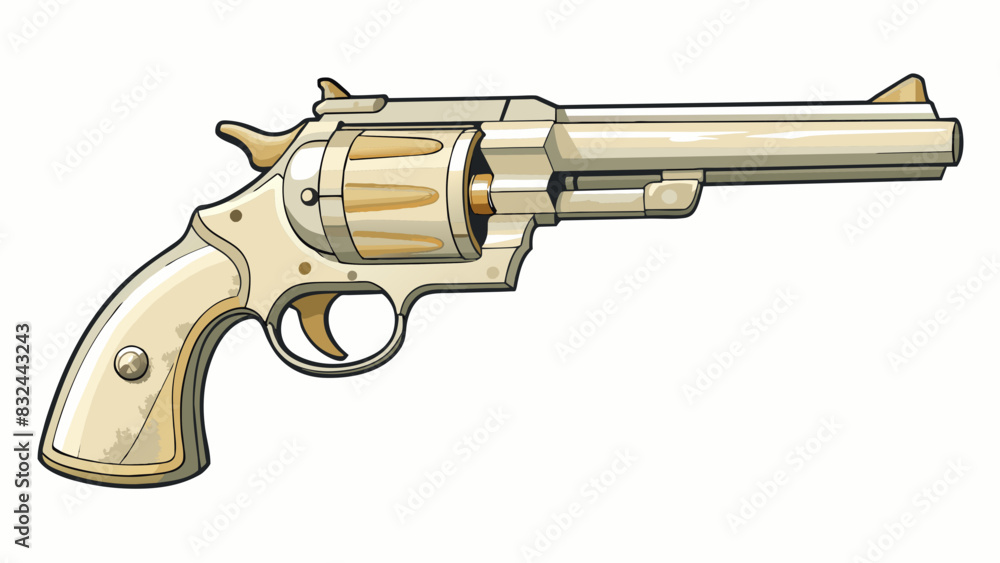 Poster A revolver with a rotating cylinder and a shiny silver finish. The handle is made of ivory and has intricate engravings while the barrel is short and. Cartoon Vector.