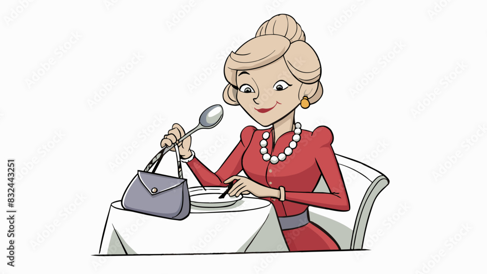 Poster a refined lady discreetly slides a fancy silver s into her purse while dining at a posh restaurant i
