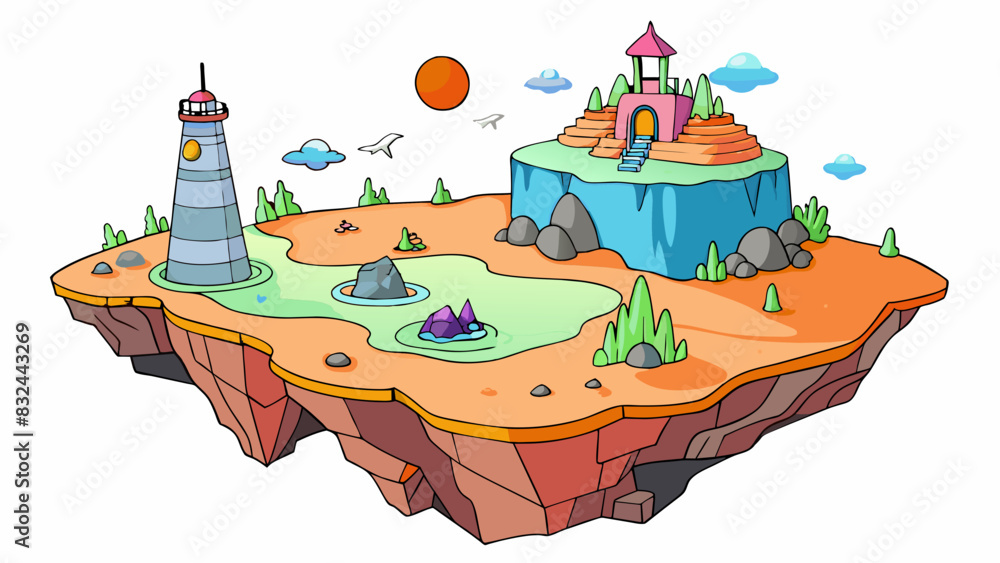 Poster a remote rocky island with dramatic cliffs rising out of the ocean. hidden a the rocks are small cav