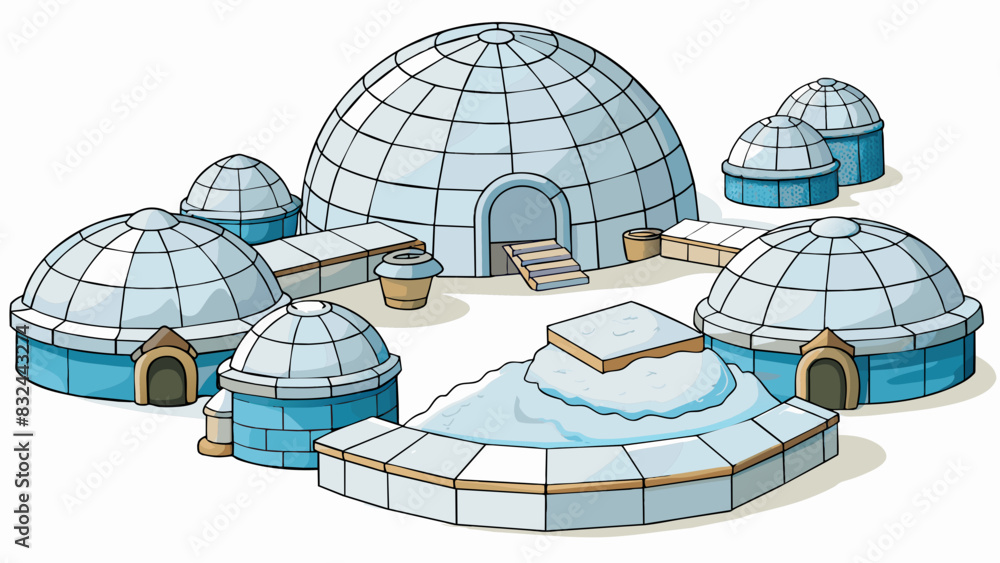Poster A remote arctic settlement with igloos made of compacted snow blocks their curved entrances facing towards each other to create an insulated courtyard. Cartoon Vector.