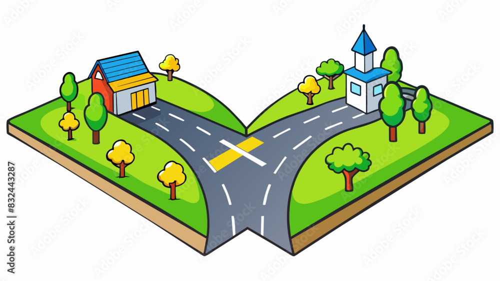 Poster A road splitting off into two separate paths leading to different destinations.. Cartoon Vector.