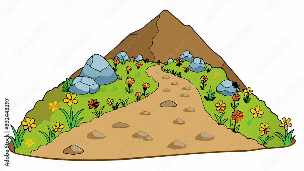 Wall mural A rocky path littered with pebbles and dirt sloping upwards towards a mountaintop. The path is narrow and steep with patches of colorful wildflowers. Cartoon Vector.