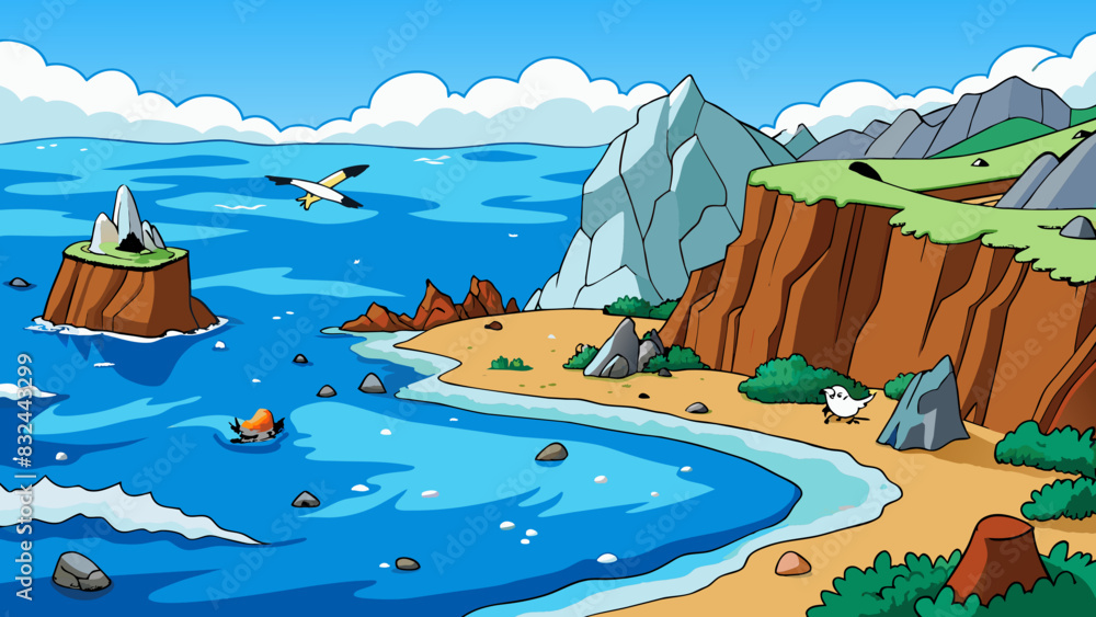 Poster a rocky coastal territory where waves crash against towering cliffs and rocky shorelines. the water 