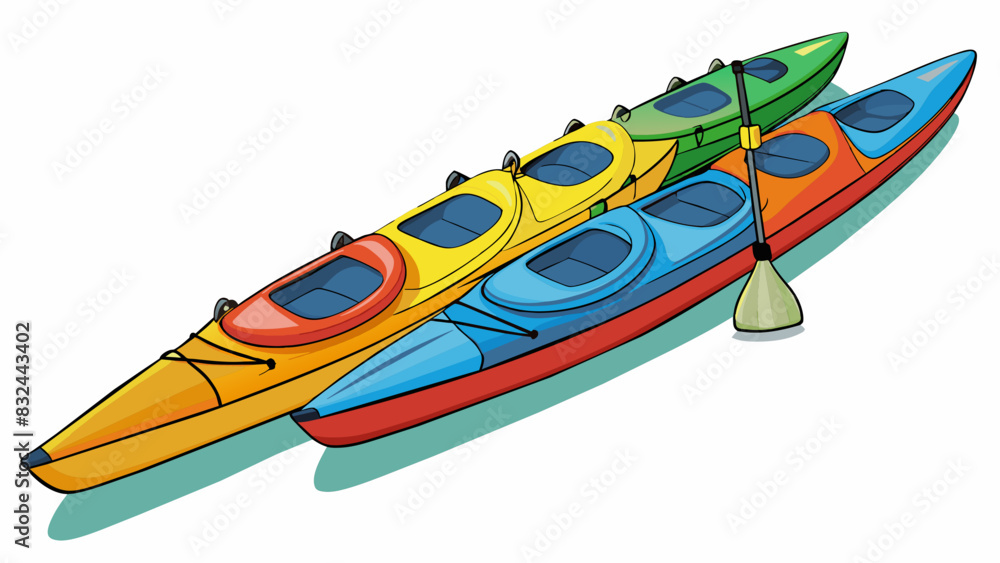Poster a row of mismatched kayaks line the shore of a calm lake. each kayak is made of brightly colored fib