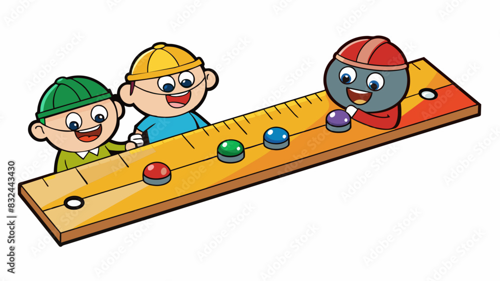 Poster A ruler being used to evenly distribute a bag of marbles between two friends.. Cartoon Vector.