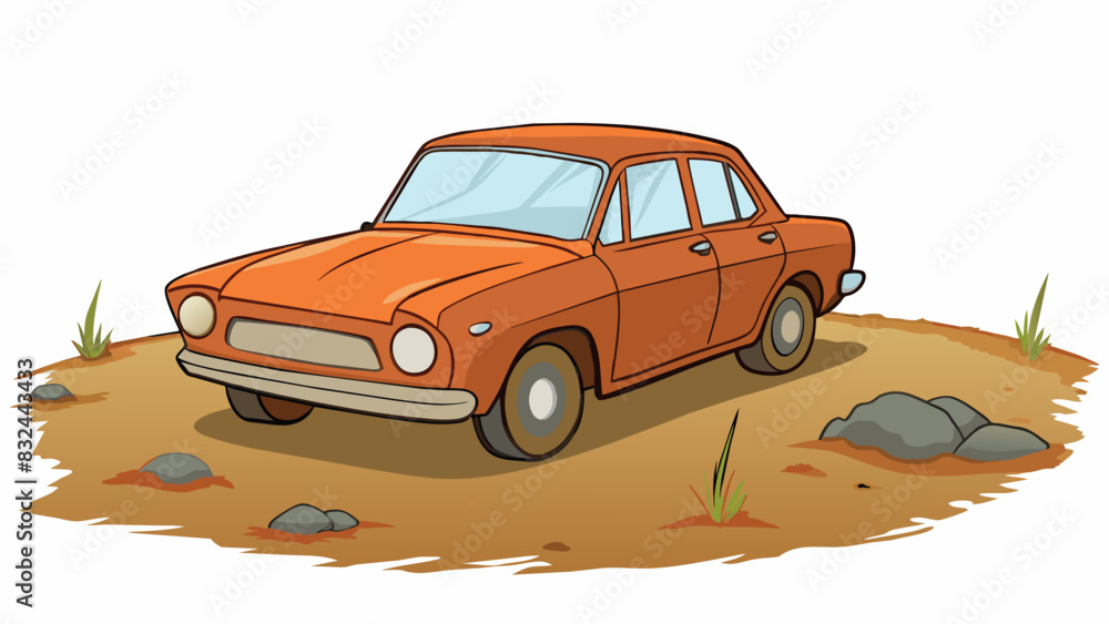 Poster A rusted abandoned car in a desolate field its once glossy paint now chipped and faded a reminder of its long history and the passing of time.. Cartoon Vector.