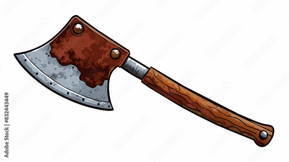 Poster A rusted hatchet its blade stained with dark dried . The handle is slick with fresh making it difficult to grip.. Cartoon Vector.