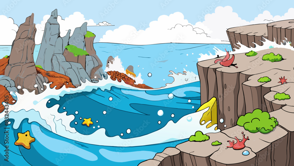Poster a rugged rocky coast with towering cliffs that plunge into the churning ocean below. powerful waves 