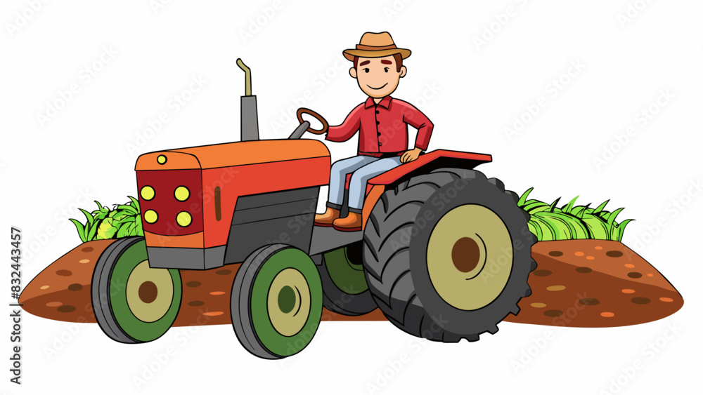 Poster a rusted red tractor its paint chipped and faded sat in a field surrounded by rows of freshly plante