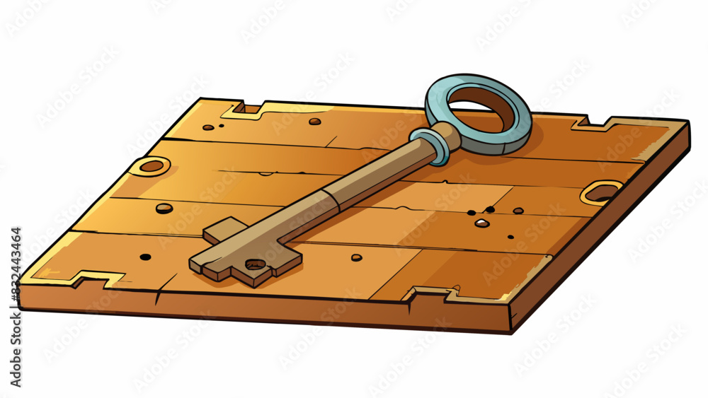 Poster a rusted metal key hidden under a loose floorboard in an old abandoned house.. cartoon vector.