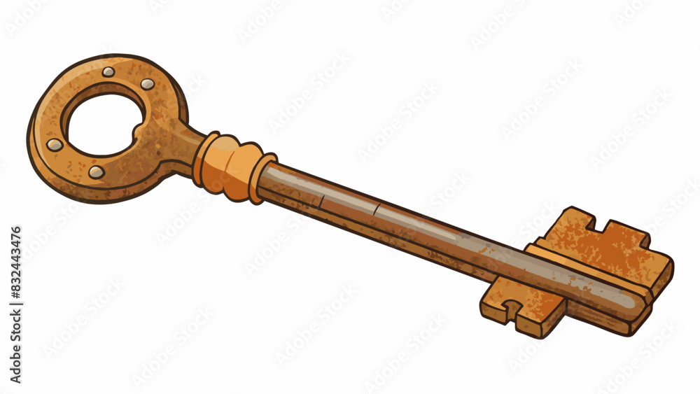 Poster A rusted old key trying to unlock a door that has been closed for years. The grooves of the key are worn and its once shiny surface is now dull but it. Cartoon Vector.