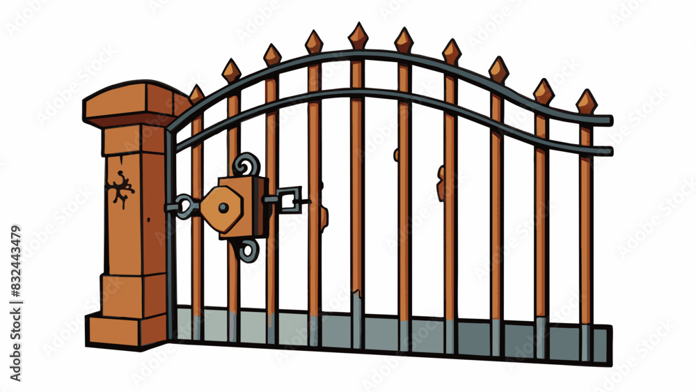 Poster A rusted iron gate with peeling paint and a broken lock signaling an abandoned and forgotten property beyond.. Cartoon Vector.