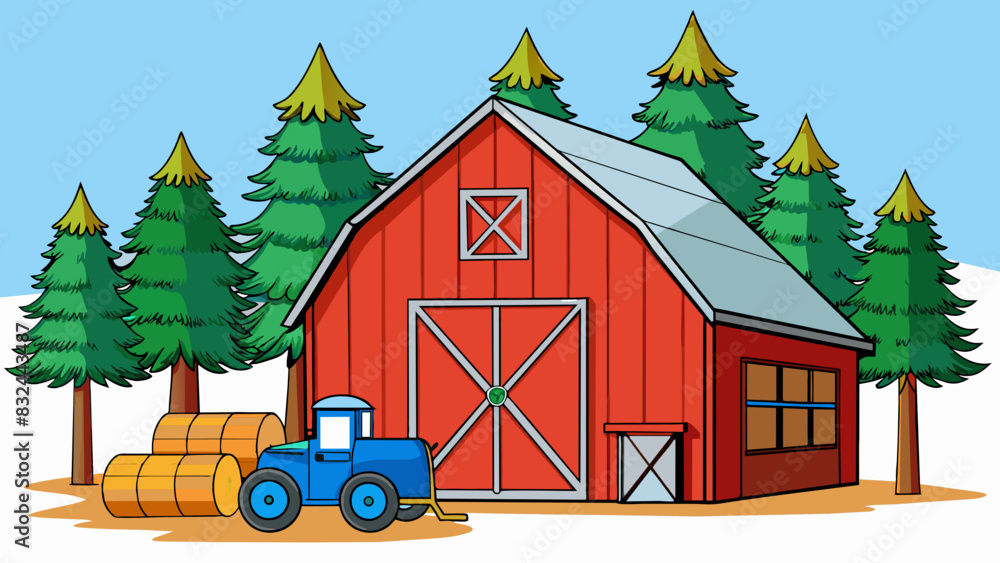 Poster a rustic red barn stands tall against a backdrop of tall pine trees and a clear blue sky. its large 