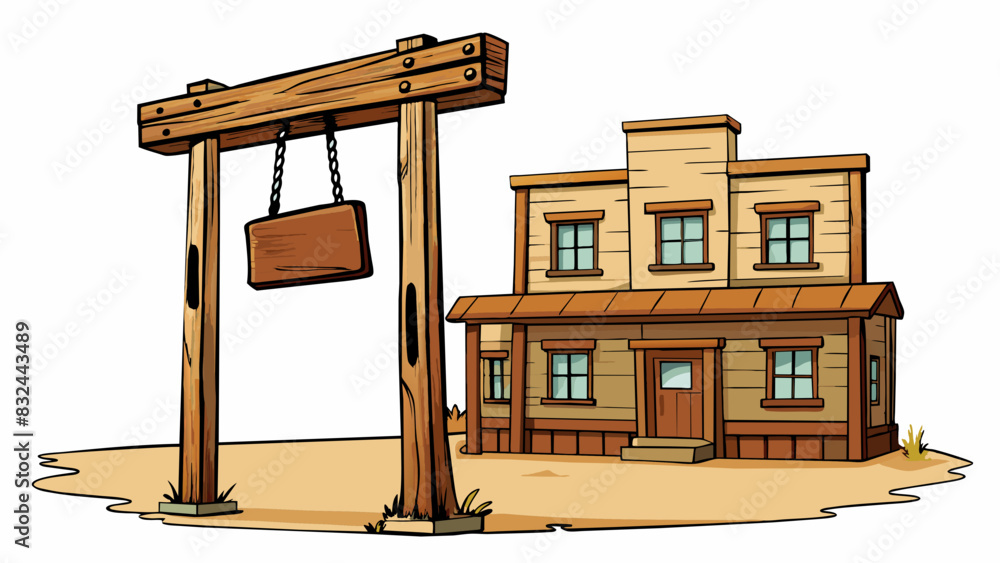 Poster A rustic wooden sign swings on a post in front of an old saloon swaying back and forth in the warm breeze. The weathered planks of the building creak. Cartoon Vector.