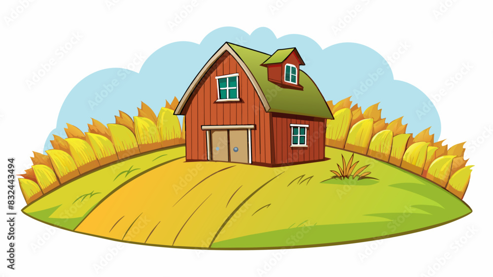 Poster a rustic farmhouse nestled in the countryside surrounded by rolling green hills and fields of golden