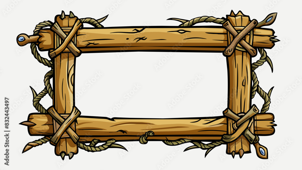 Aufkleber A rustic frame crafted from branches and twine with a weathered and worn appearance great for framing a landscape painting or outdoor photograph.. Cartoon Vector.