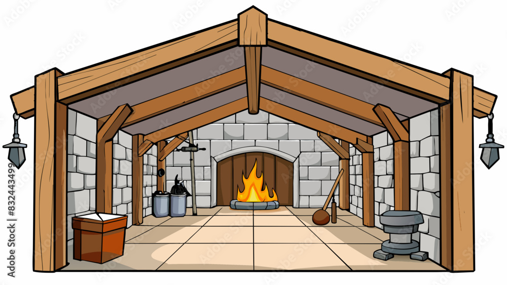 Poster a rustic hall with exposed wooden beams and rough stone walls. the space is lit by flickering torche