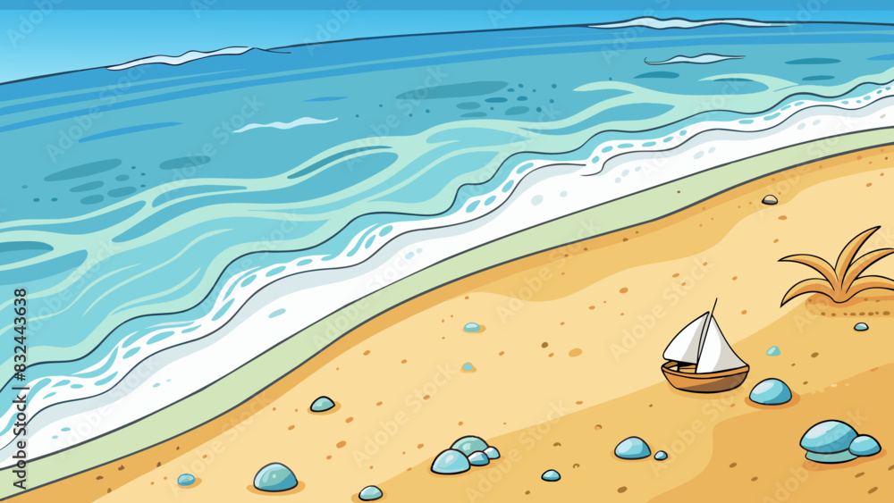 Poster a serene beach scene with crystal clear waves gently lapping at the shore. the sand is a soft golden