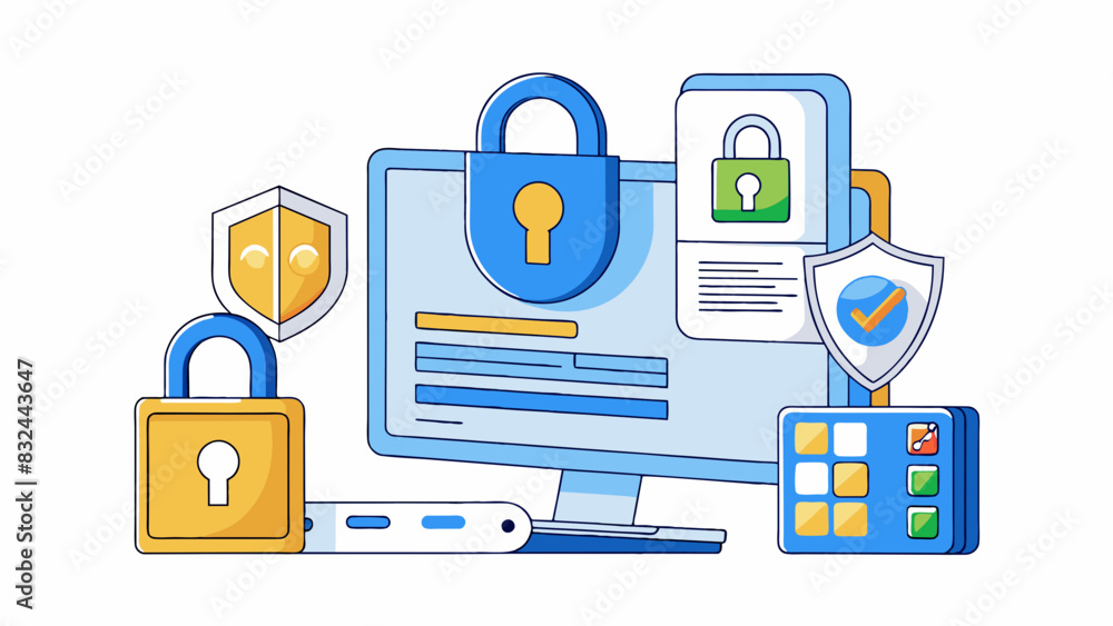 Poster A secure online platform with advanced encryption and multifactor authentication where users can securely store sensitive information and financial. Cartoon Vector.