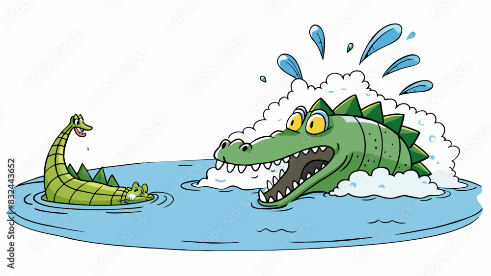 Poster A seemingly calm lake suddenly erupting in waves as a massive alligator emerges from its depths catching swimmers off guard.. Cartoon Vector.