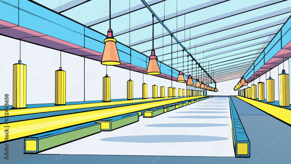 Poster A series of fluorescent lights lining the ceiling of a large warehouse casting a bright and uniform glow over the work area.. Cartoon Vector.