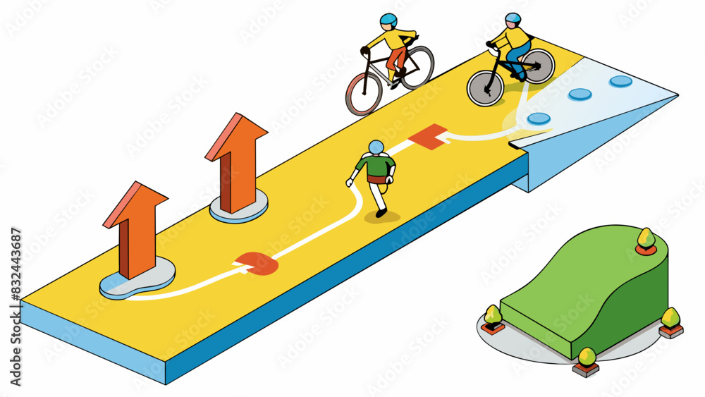 Poster A set of footprints and arrows painted on the sidewalk guiding runners and cyclists along a designated path.. Cartoon Vector.