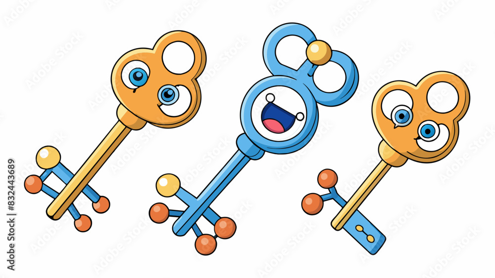 Poster A set of keys with unique shapes where each key represents an amino acid that fits perfectly into specific locks receptor sites on a cells membrane. Cartoon Vector.