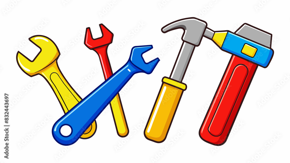 Poster a set of primarycolored hand tools including a red hammer a blue screwdriver and a yellow wrench. ma