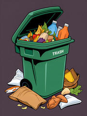 clip art of a garbage can containing trash and food scraps, artwork