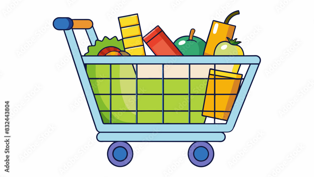 Poster A shopping cart full of groceries The load consists of various shapes and sizes ranging from soft produce to hard cans and boxes. The cart has four. Cartoon Vector.