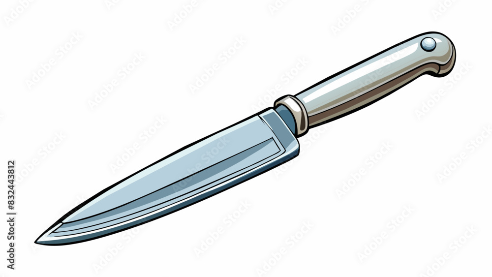 Poster A shiny silver metal object about the size of a credit card with a long thin shape and a pointed end. It is used for ting and has a sharp dangerous. Cartoon Vector.