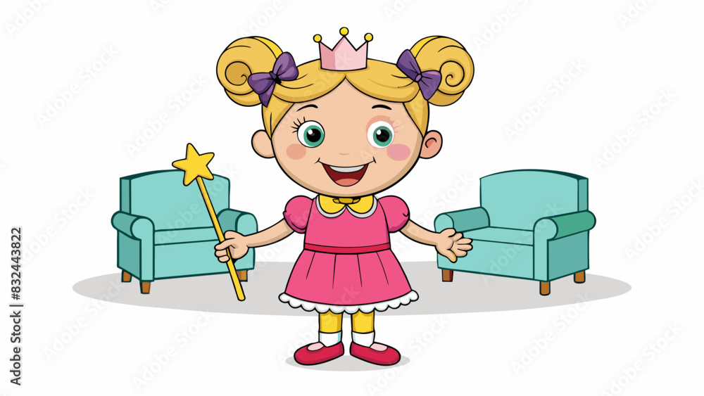 Poster A shy toddler with pigtails and a missing tooth holding a glittery wand and wearing a princess costume while twirling around in the living room.. Cartoon Vector.